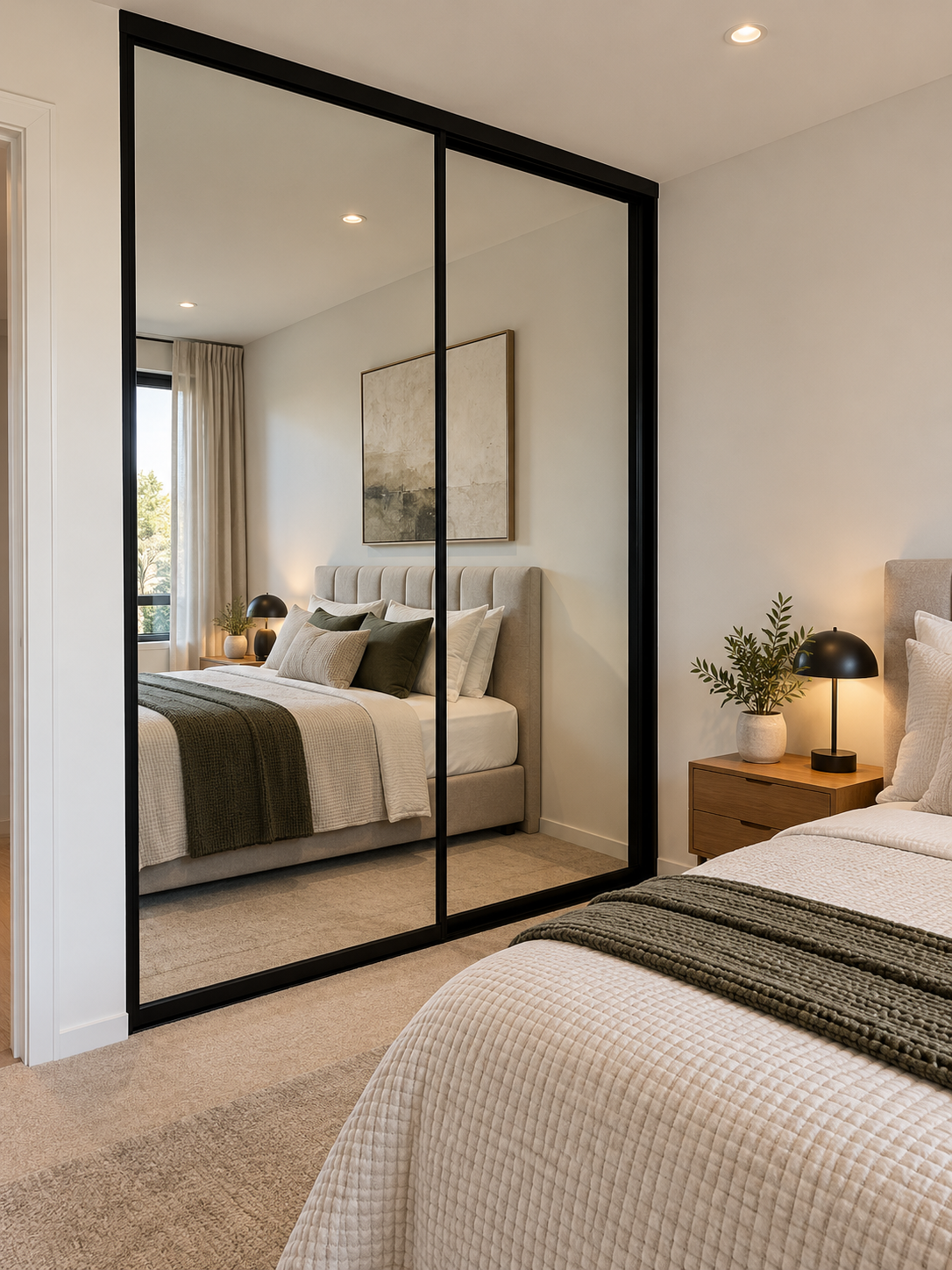 Black-framed mirrored sliding wardrobe doors in a modern bedroom