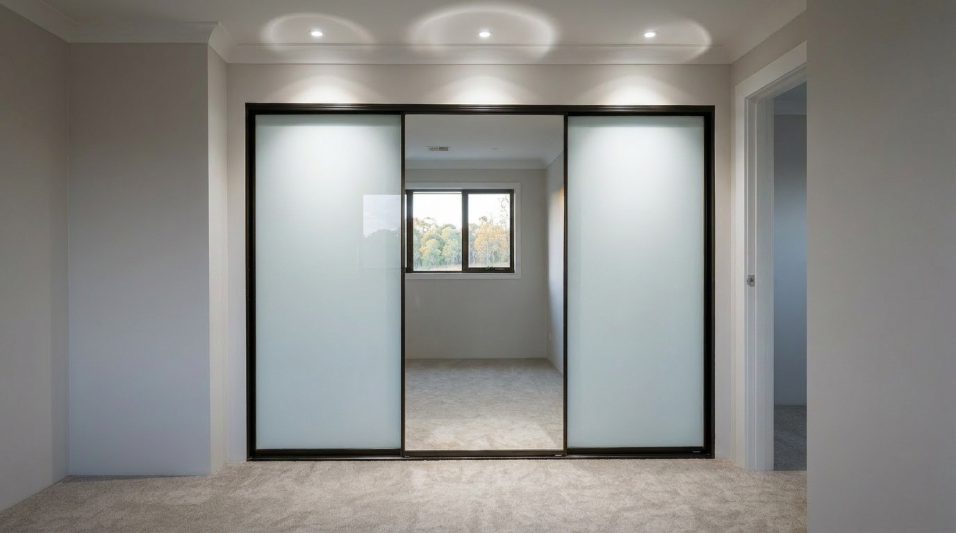 Custom-built sliding wardrobe doors with frosted glass, mirror centre and matt black frame